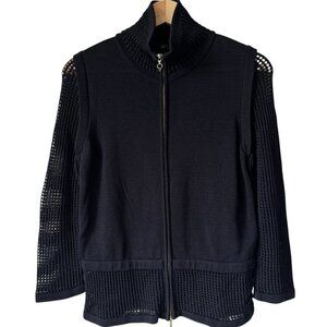 Escada Cardigan Sweater Gold Zipper READ Crochet Open Knit Collar Sleeves Hem